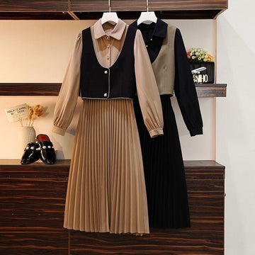 2024 Autumn New Western-style Two-Piece Women's Waist Slimming Mid-Length Shirt Dress Fashion Color-blocking Korean Vest
