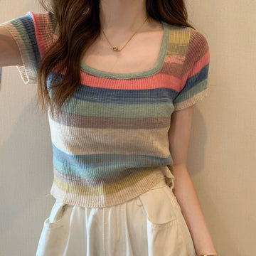 Square-neck striped t-shirt women's summer knitted sweater short-sleeved French small short small niche unique special tight top