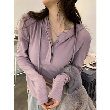 Pure Lust Hot Girl Tight T-shirt Women's Long Sleeve Autumn and Winter New Hooded Shoulders Waist Slim Undershirt Wear Top