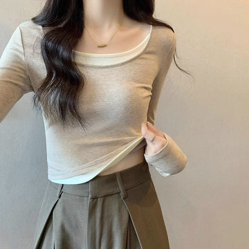 Wear a small base shirt, T-shirt, women's autumn and winter underwear, color-blocked irregular U-neck long-sleeved collarbone top