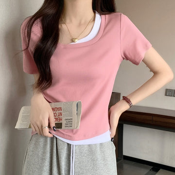 Slim collarbone shoulder design fake two-piece T-shirt women's short-sleeved summer 2025 super hot chic hot girl top