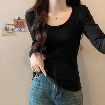 Black slim slim long-sleeved base shirt T-shirt women's autumn and winter new pure desire hot girl big neckline open collarbone top