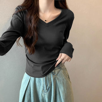 Niche design long-sleeved trendy brand waist V-neck T-shirt women's spring and autumn slim irregular hem hot girl short top