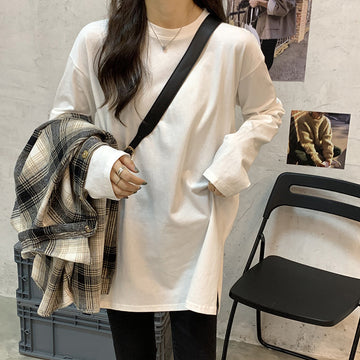 Wholesale white long sleeve t-shirt women's loose inner layered sweatshirt mid-length fleece top spring and autumn base shirt
