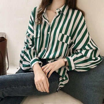Early autumn women's new 2024 Hong Kong-style loose plus-size striped shirt women's long-sleeved top thin jacket shirt