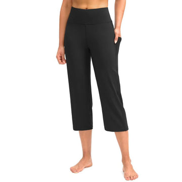 Women Elastic High Waist 3/4 Pant Casual Active Fit Wide Capris Leg Pants Trousers With Pockets Pants Woman брюки женские