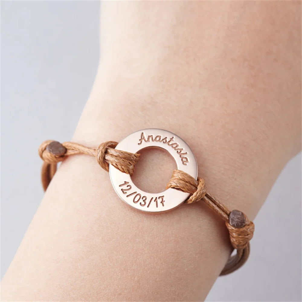Personalized Rope Bracelet for Women  12 colors Adjustable Custom Name Disc Lettering  Stainless Steel Bracelet For Her