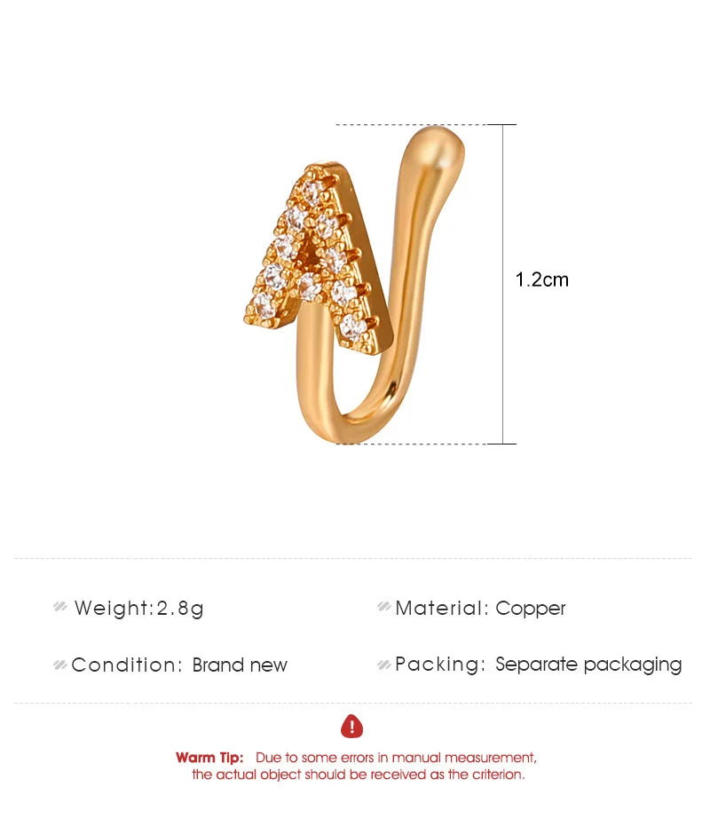 Women A B C D E F M S T-Z Crystal Letter Crystal Nose Clip Ring Fake Septum Piering Body Jewelry Non Perforation Nose Ring Stud