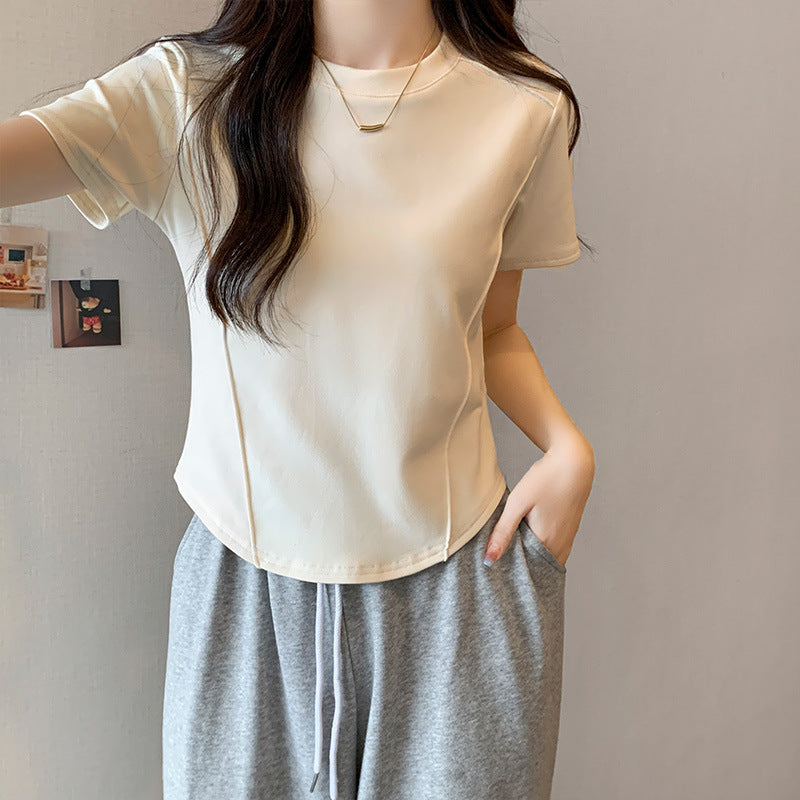 Round neck solid color versatile top, women's new summer design, short fishbone waist, slimming hot girl short-sleeved T-shirt