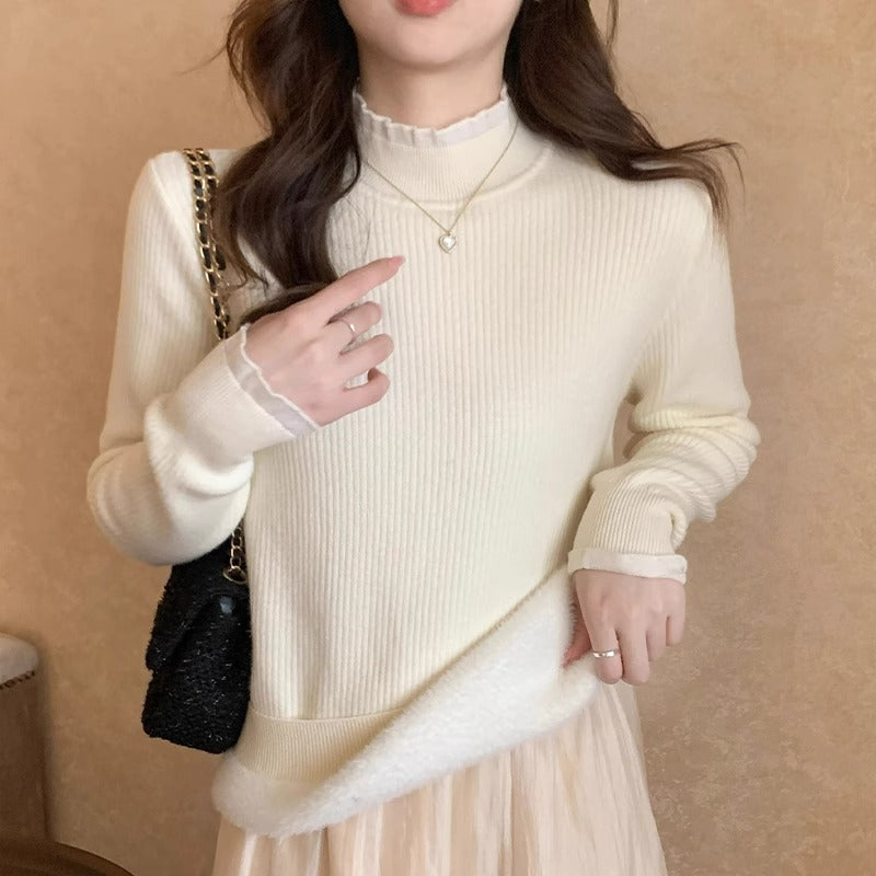 White semi-turtleneck lace base shirt women's winter 2025 new one-piece fleece warm sweater with knitted top underneath