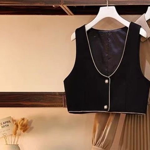 2024 Autumn New Western-style Two-Piece Women's Waist Slimming Mid-Length Shirt Dress Fashion Color-blocking Korean Vest