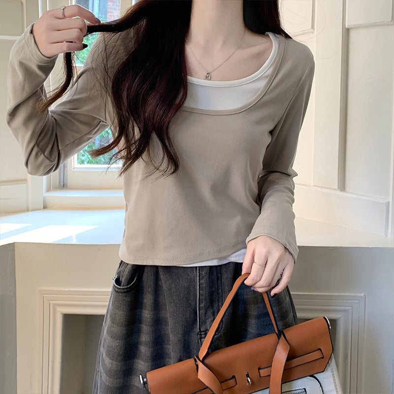 Stitched contrasting long-sleeved T-shirt women's new summer design crew neck short stretch slimming foreign style age-reducing top