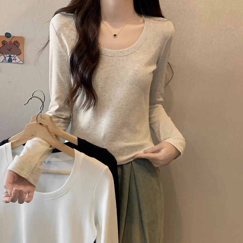 Black slim slim long-sleeved base shirt T-shirt women's autumn and winter new pure desire hot girl big neckline open collarbone top