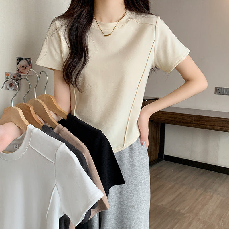 Round neck solid color versatile top, women's new summer design, short fishbone waist, slimming hot girl short-sleeved T-shirt