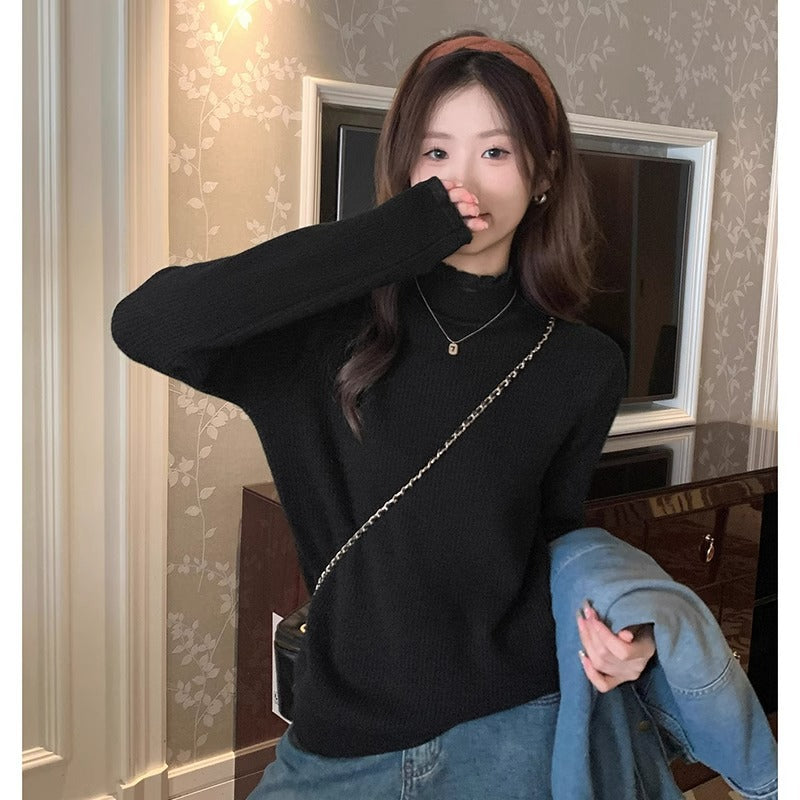 White semi-turtleneck lace base shirt women's winter 2025 new one-piece fleece warm sweater with knitted top underneath