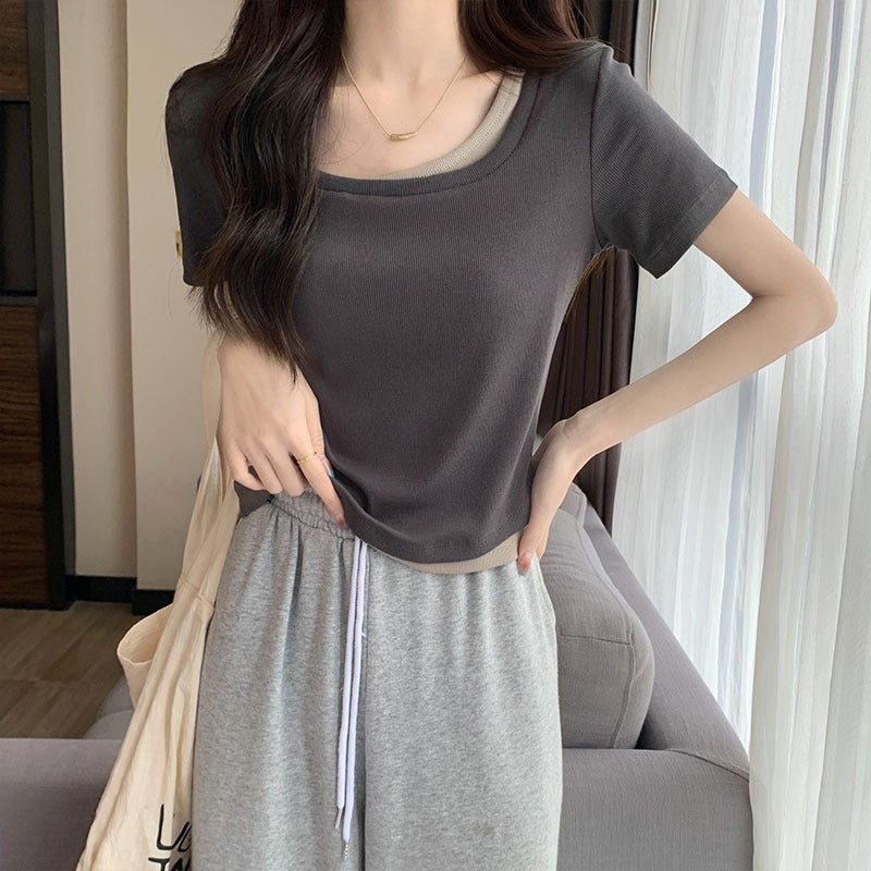 Slim collarbone shoulder design fake two-piece T-shirt women's short-sleeved summer 2025 super hot chic hot girl top