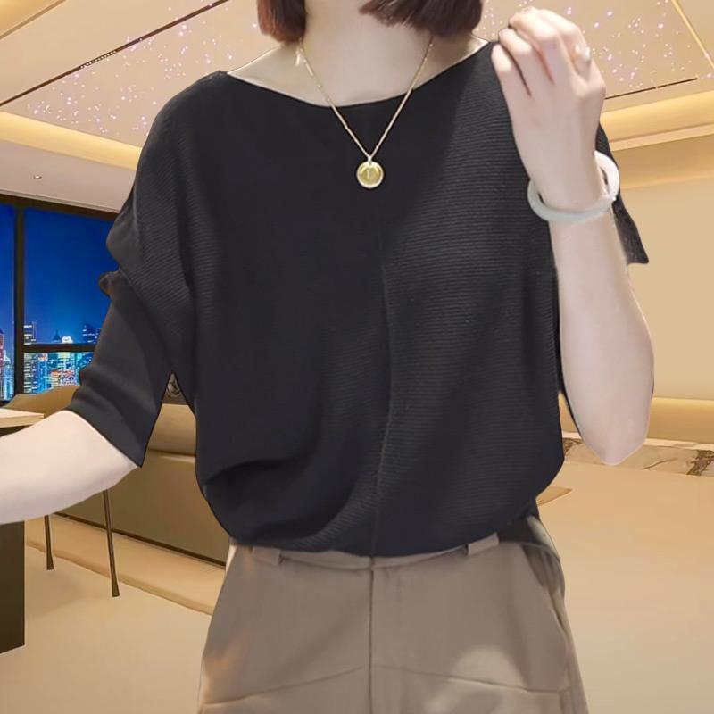 Spring and summer temperament, thin knitted shirt, women's plus-size, foreign solid color, loose crew neck, textured three-quarter sleeve base shirt