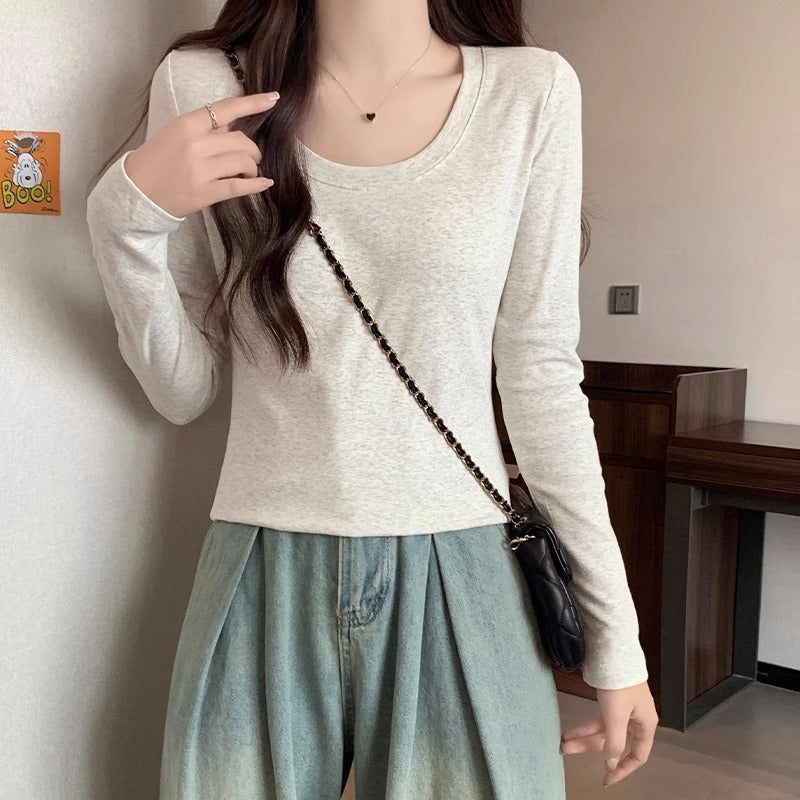 Pure cotton base shirt T-shirt women's autumn and winter new U-shaped neck straight shoulders slim slim pure desire style basic long-sleeved top