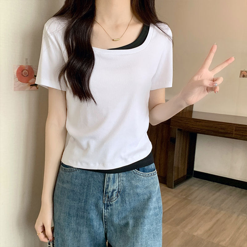 Square neck short-sleeved T-shirt women's new summer front shoulder niche short short-sleeved color-blocking slimming slim design top