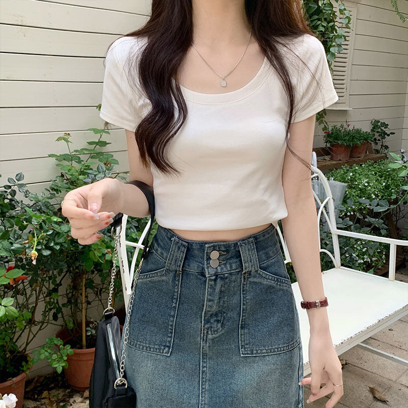 Design short T-shirt women's round neck stretch solid color versatile summer Korean casual tight hot girl short-sleeved top