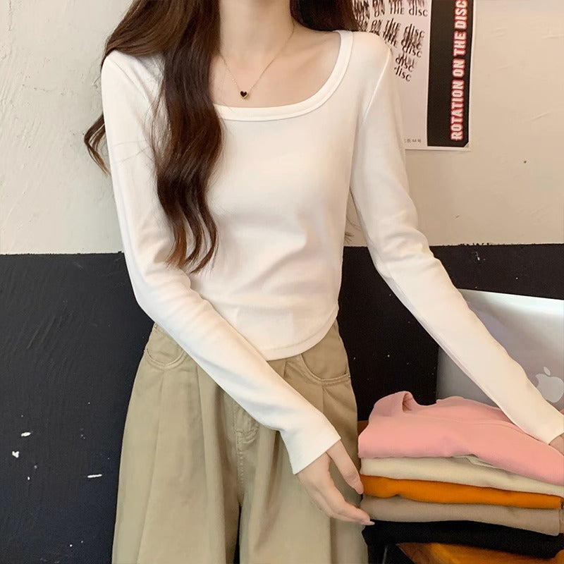 White slim slim T-shirt women's long sleeves with autumn irregular hem hot girl tight undershirt small top
