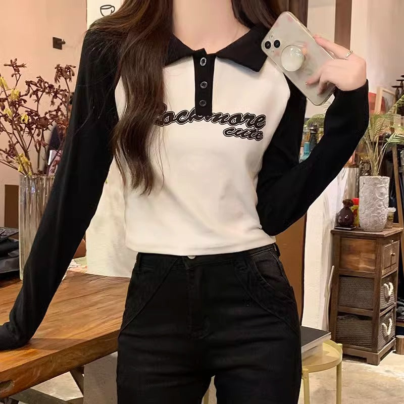 Retro polo collar long-sleeved T-shirt women's autumn and winter new stitching contrasting letter print slim fit bottom top underneath