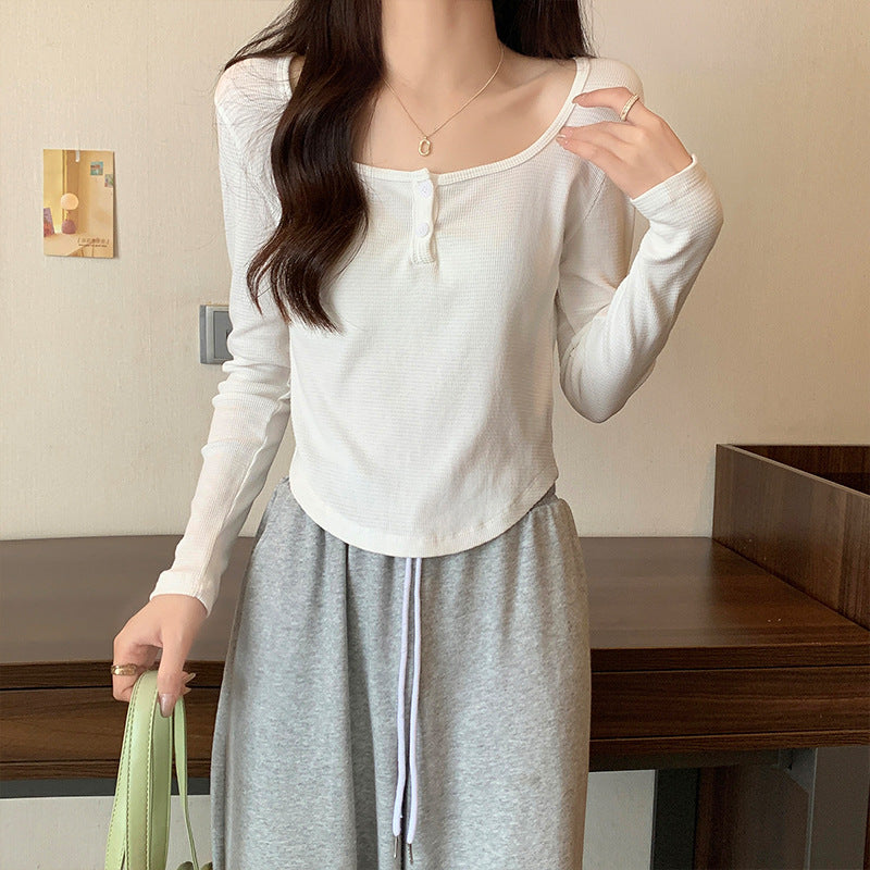 Fall 2025 square neck long-sleeved T-shirt women's slim slim and irregular design chic short high-waisted top