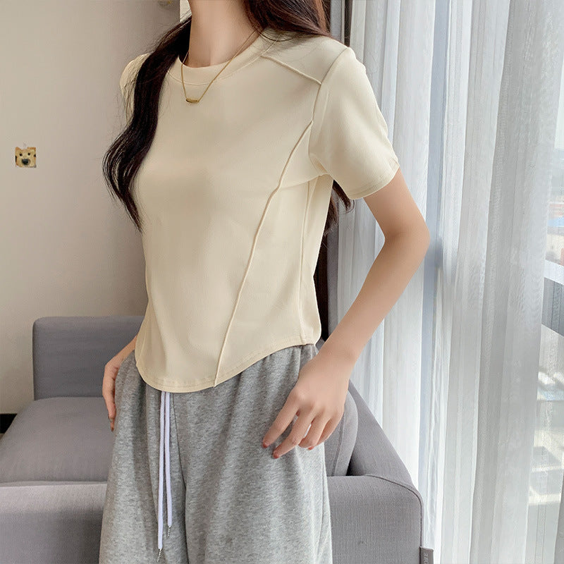 Round neck solid color versatile top, women's new summer design, short fishbone waist, slimming hot girl short-sleeved T-shirt