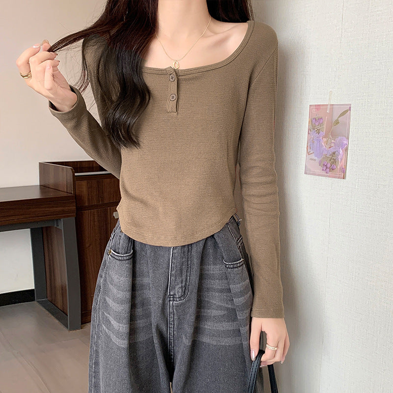 Fall 2025 square neck long-sleeved T-shirt women's slim slim and irregular design chic short high-waisted top