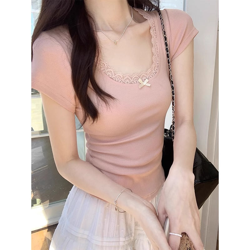 White pure desire sweet lace slim slimming short sleeve T-shirt women's summer new front shoulder short inner top ins