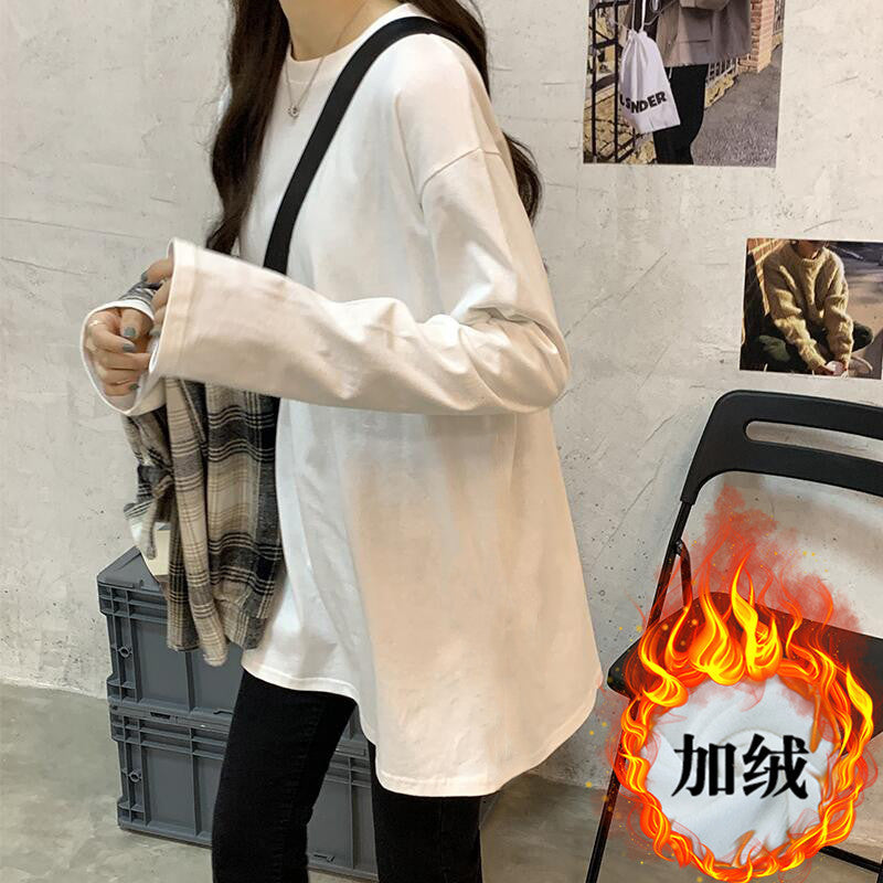 Wholesale white long sleeve t-shirt women's loose inner layered sweatshirt mid-length fleece top spring and autumn base shirt