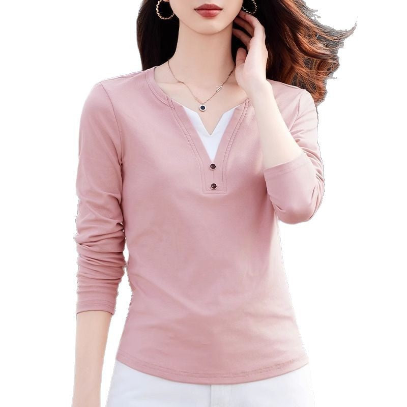 Shoulder long sleeve color-blocked V-neck T-shirt women's 2025 spring wear new design buttons waist slimming top base shirt