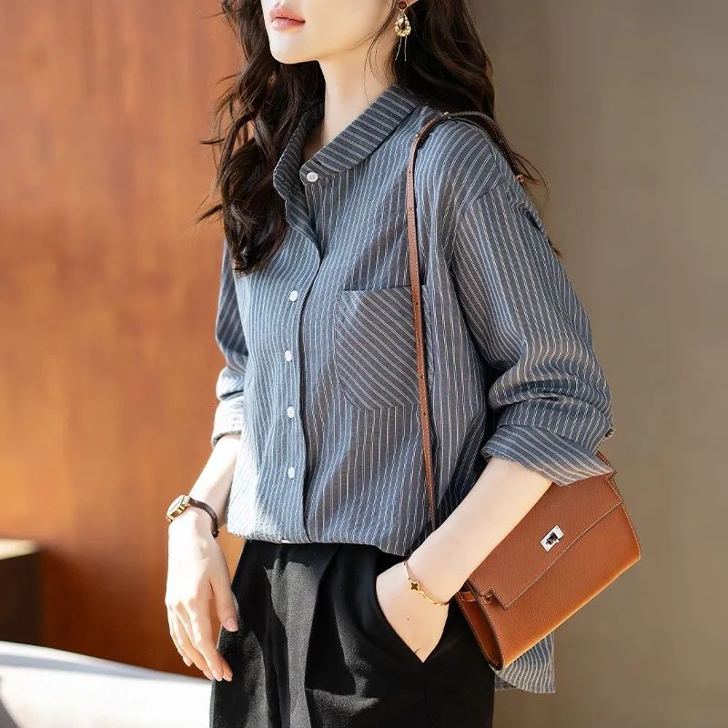 Striped shirt women's 2025 spring and autumn new Han Fan long-sleeved shirt jacket is versatile, slimming lapels, base shirt top