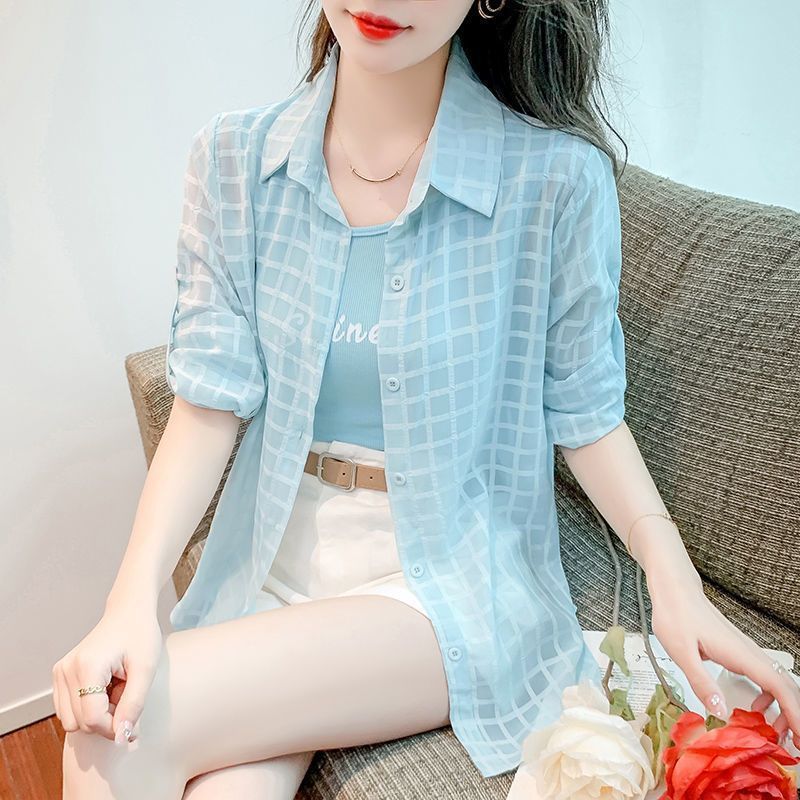 2025 summer new slightly transparent shirt sun protection jacket jacket loose fashion back slit plaid sunscreen shirt for women