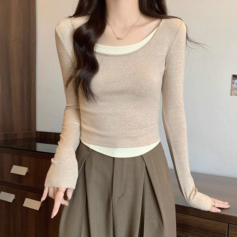 Wear a small base shirt, T-shirt, women's autumn and winter underwear, color-blocked irregular U-neck long-sleeved collarbone top