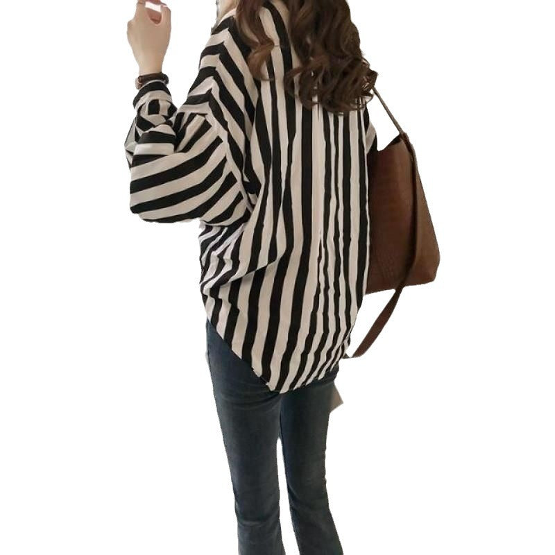Early autumn women's new 2024 Hong Kong-style loose plus-size striped shirt women's long-sleeved top thin jacket shirt