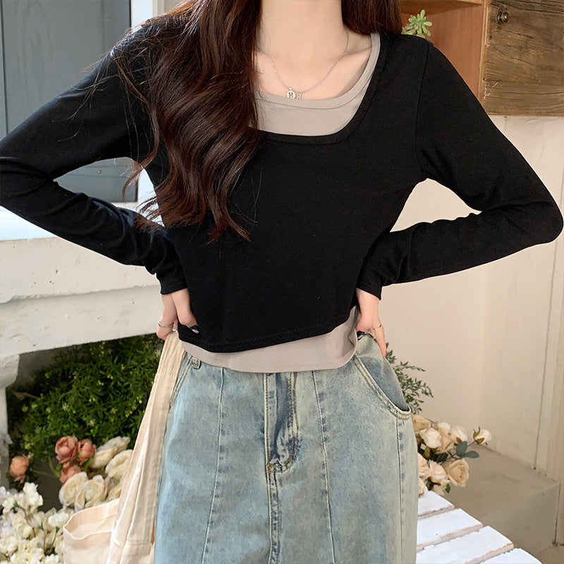 Stitched contrasting long-sleeved T-shirt women's new summer design crew neck short stretch slimming foreign style age-reducing top