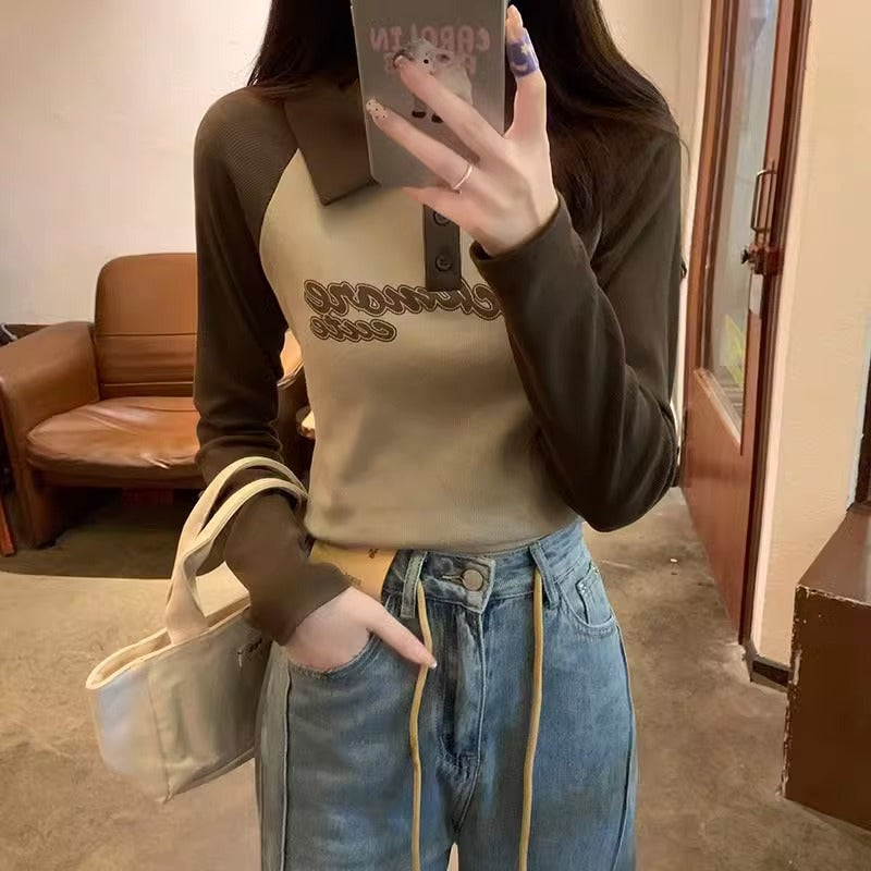 Green splicing contrasting polo lapel long-sleeved T-shirt women's autumn and winter new slimming slimming and age-reducing base clothes