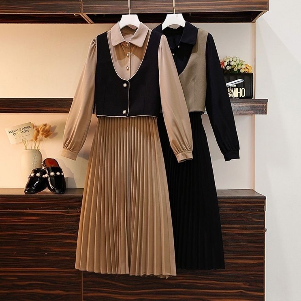 2024 Autumn New Western-style Two-Piece Women's Waist Slimming Mid-Length Shirt Dress Fashion Color-blocking Korean Vest