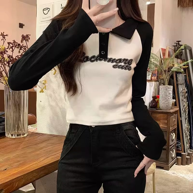 Green splicing contrasting polo lapel long-sleeved T-shirt women's autumn and winter new slimming slimming and age-reducing base clothes