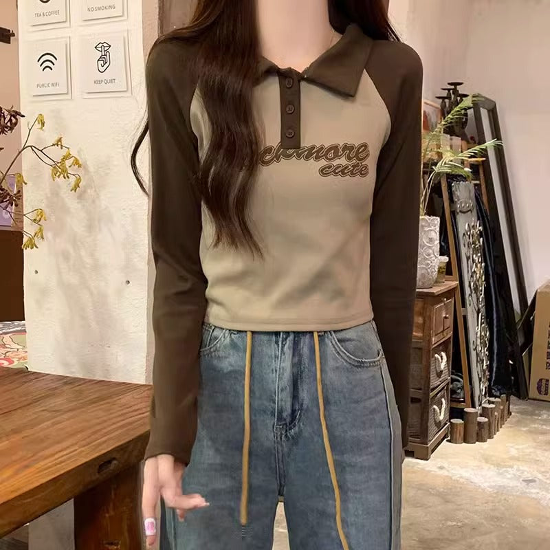 Retro polo collar long-sleeved T-shirt women's autumn and winter new stitching contrasting letter print slim fit bottom top underneath