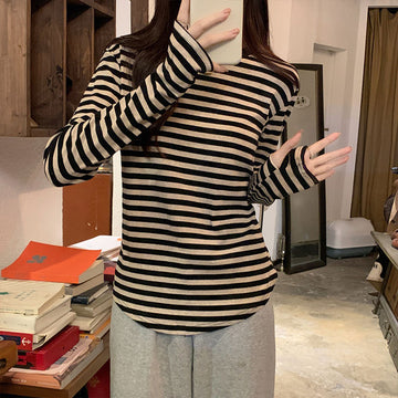 Wholesale design sense cuff crew neck long sleeve T-shirt women's spring and autumn new stripe contrast slimming versatile base shirt