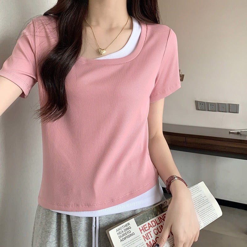 Slim collarbone shoulder design fake two-piece T-shirt women's short-sleeved summer 2025 super hot chic hot girl top