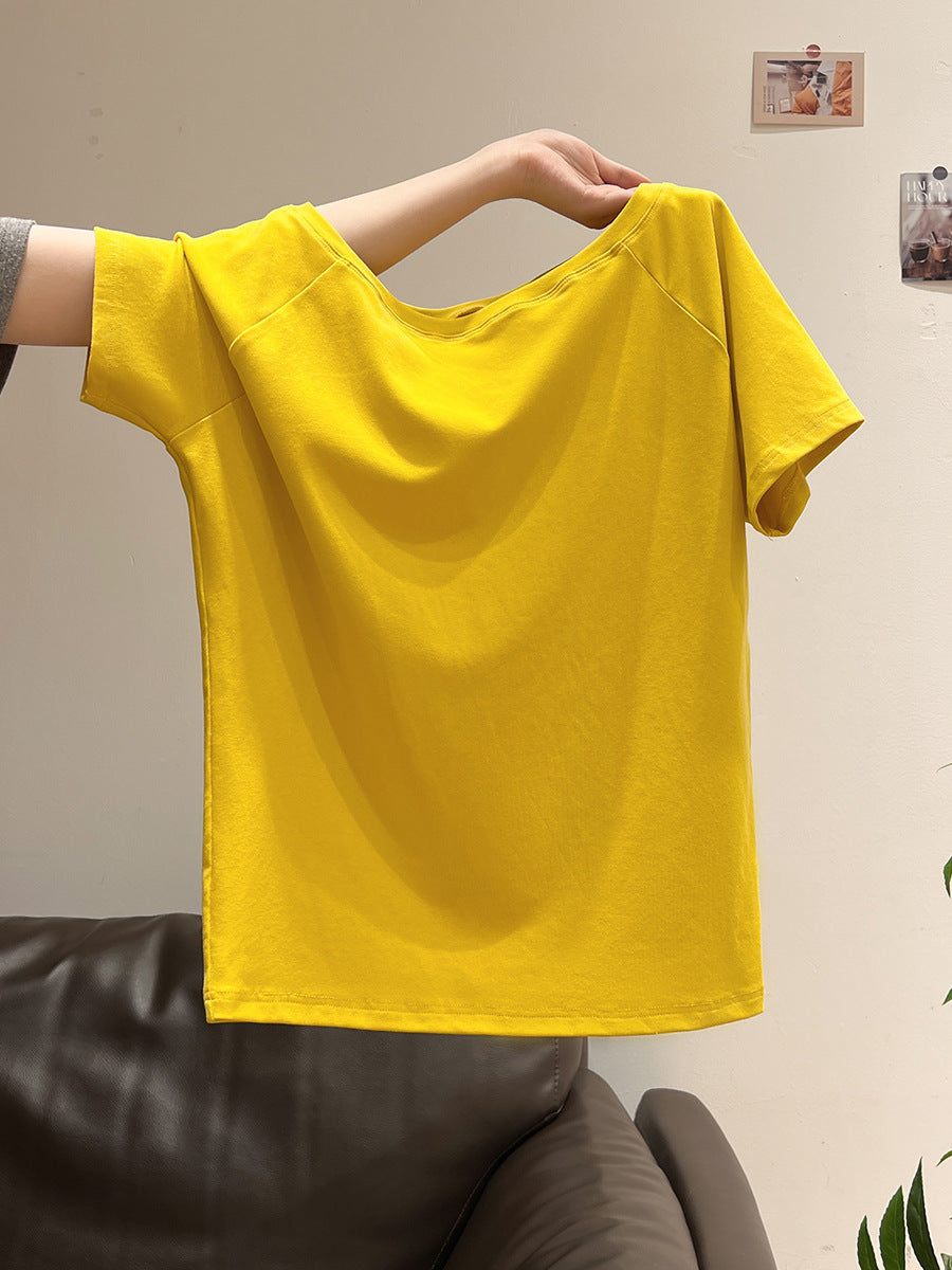 White solid color slanted shoulders and off-the-shoulder short sleeve T-shirt women's 2025 summer new one-shoulder loose shoulder covering thin top
