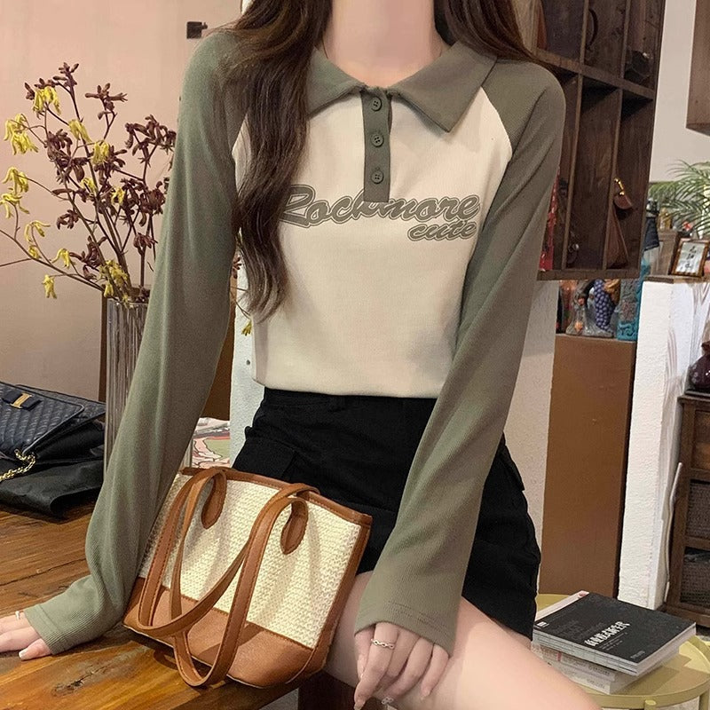 Green splicing contrasting polo lapel long-sleeved T-shirt women's autumn and winter new slimming slimming and age-reducing base clothes