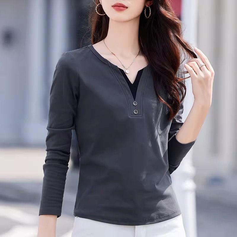 Shoulder long sleeve color-blocked V-neck T-shirt women's 2025 spring wear new design buttons waist slimming top base shirt