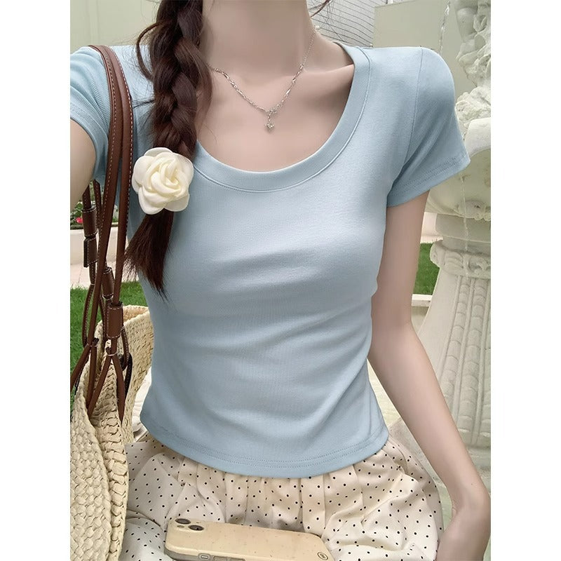 Design short T-shirt women's round neck stretch solid color versatile summer Korean casual tight hot girl short-sleeved top