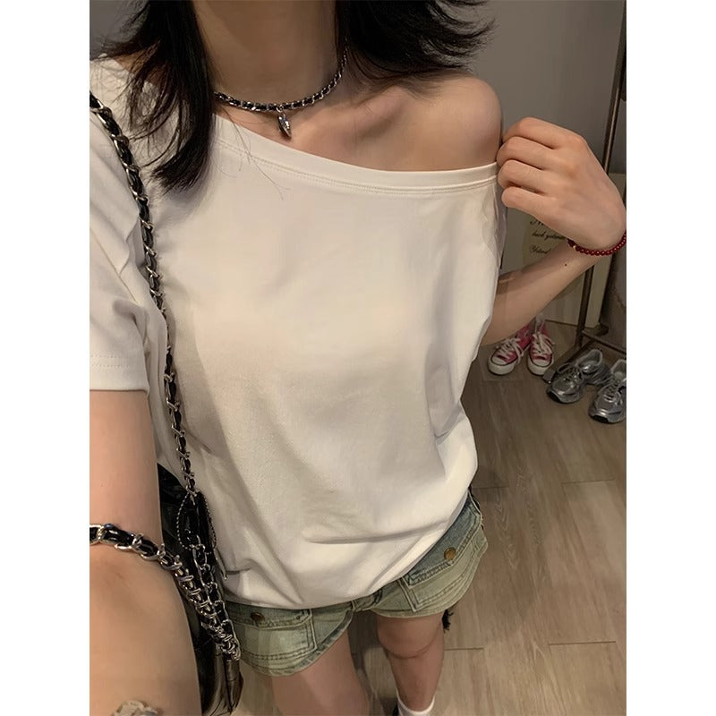 White solid color slanted shoulders and off-the-shoulder short sleeve T-shirt women's 2025 summer new one-shoulder loose shoulder covering thin top