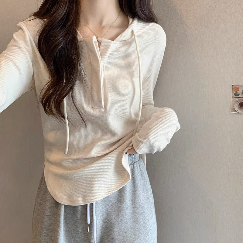 Pure Lust Hot Girl Tight T-shirt Women's Long Sleeve Autumn and Winter New Hooded Shoulders Waist Slim Undershirt Wear Top