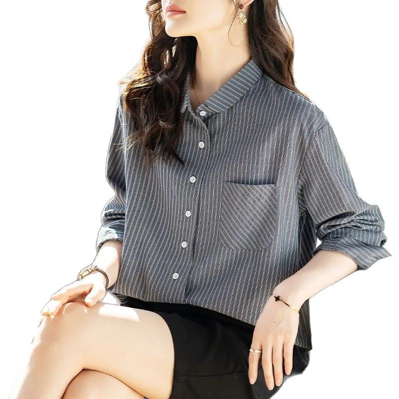 Striped shirt women's 2025 spring and autumn new Han Fan long-sleeved shirt jacket is versatile, slimming lapels, base shirt top
